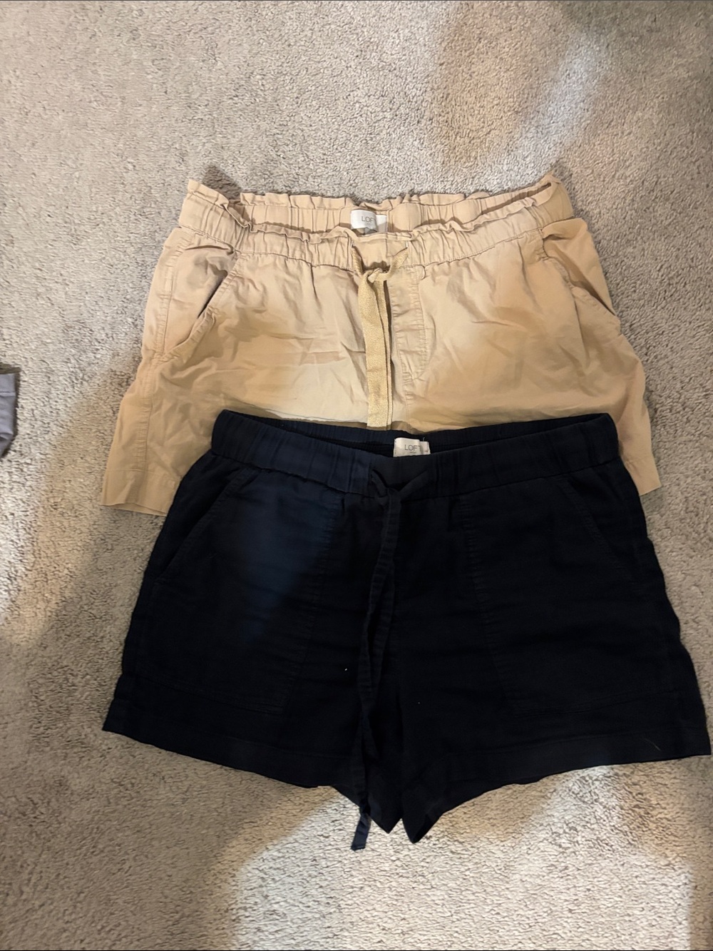 LOFT High-Waist Drawstring Shorts in Black and Tan